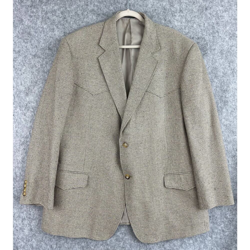 Luskeys Ryons Silk Western Blazer Sport Coat Mens 48L Beige Houndstooth‎ Cowboy